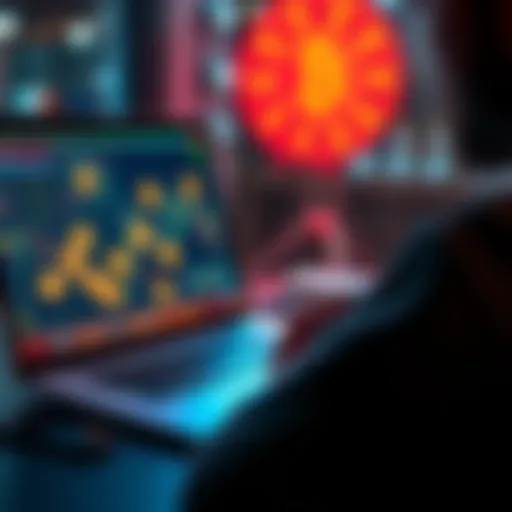 A person using a laptop to trade cryptocurrency without verification, with digital coins displayed on the screen.