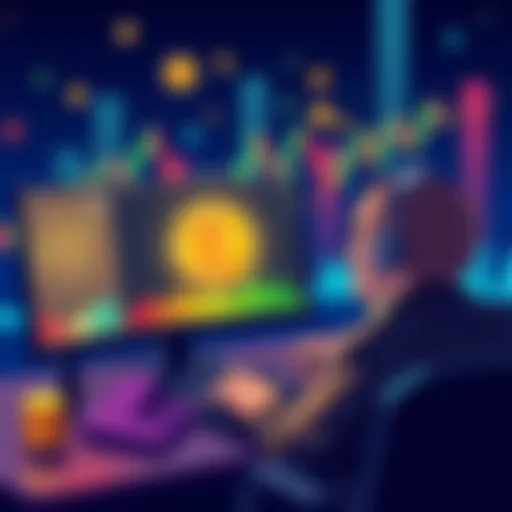 Illustration showing a person using a computer to buy cryptocurrency with charts and wallet icons in the background.