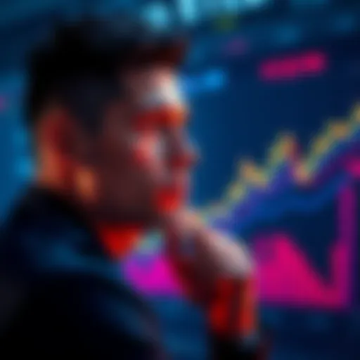 A person contemplating the purchase of Ethereum cryptocurrency with a graph showing rising prices in the background.