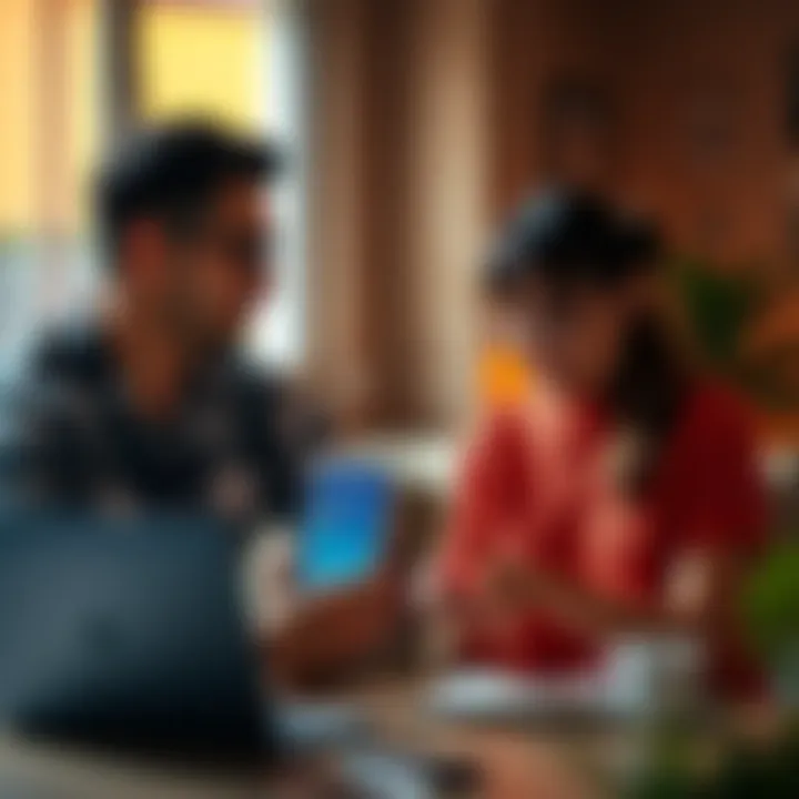 Buying a Home in Spain A couple discussing their home purchase in Spain, with a laptop displaying the Revolut app nearby.