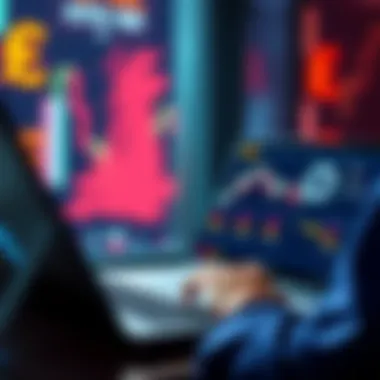 A person using a laptop to trade IOTA on a cryptocurrency exchange with UK currency symbols in the background