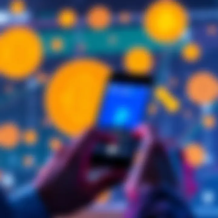 A person using a smartphone to buy USDT through PayPal, with cryptocurrency symbols in the background