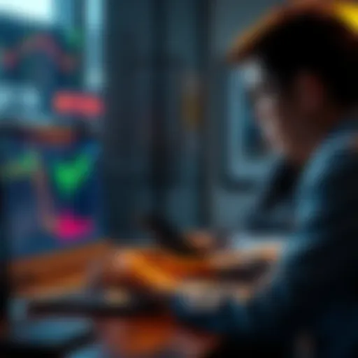 Buying Bitcoin A person looking at a laptop screen showing Bitcoin prices and graphs, considering investment strategies.