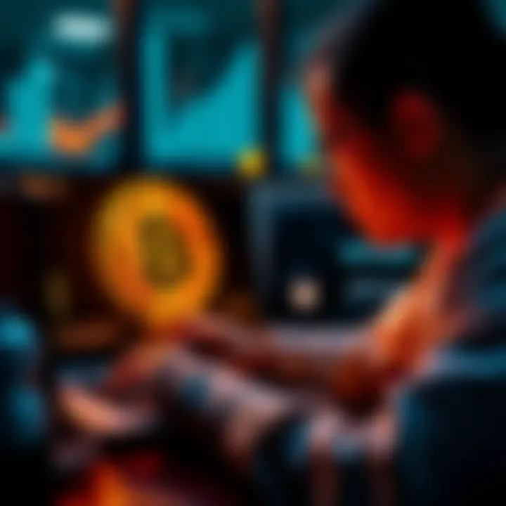 A person using a laptop with a Bitcoin logo on the screen, looking focused while maintaining privacy