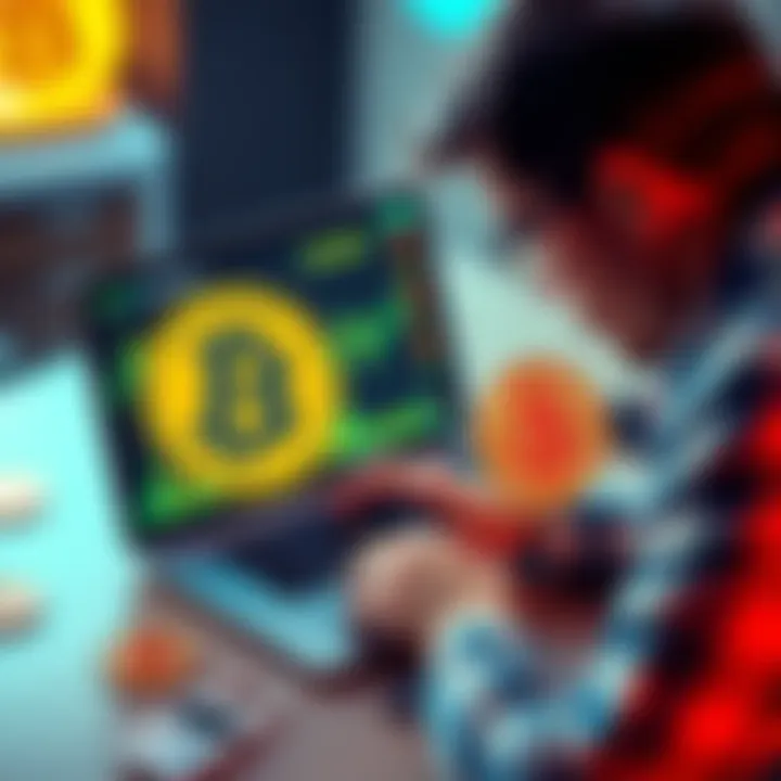 A person analyzing Bitcoin prices on two platforms, Binance and Kraken, on a laptop with a calculator and Bitcoin symbols around.