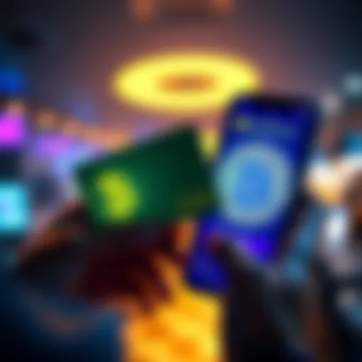 A person holding a gift card while looking at a Bitcoin logo on a smartphone screen