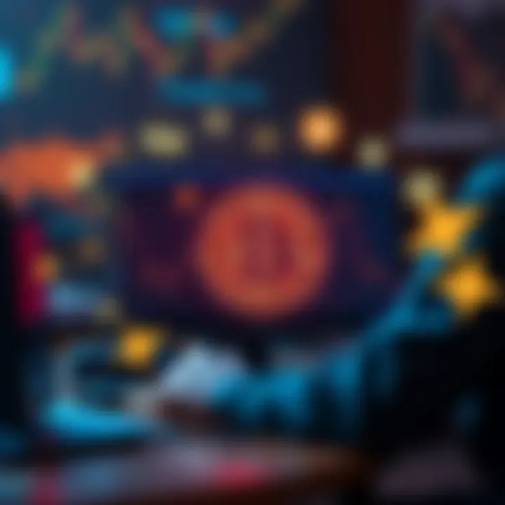 A graphic showing a person purchasing Bitcoin on a computer with P2P market icons around them
