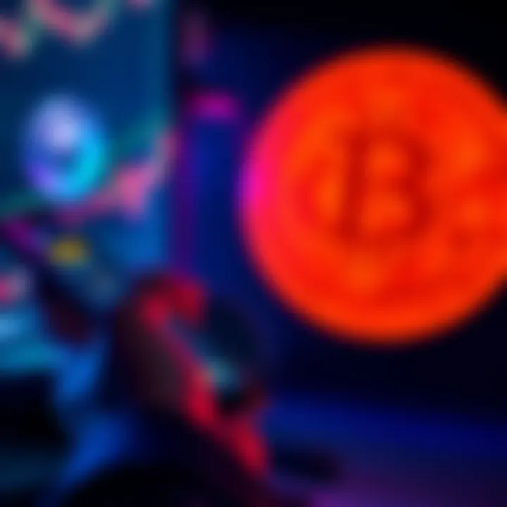 A person checking cryptocurrency prices on a smartphone with a Bitcoin logo in the background.