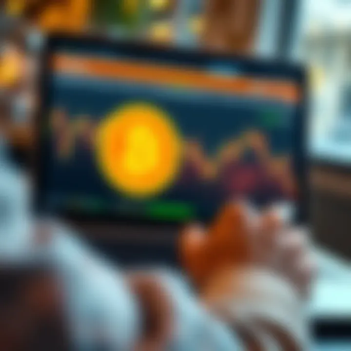 A person using a laptop to purchase Bitcoin without KYC verification, showing a digital wallet and Bitcoin logo on screen.