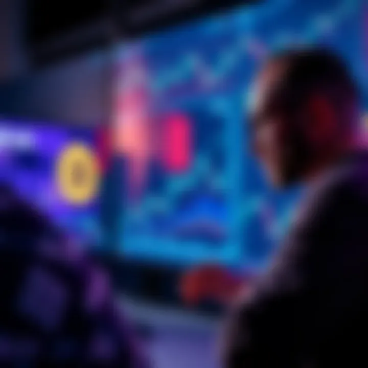 A trader analyzing Bitcoin and Ethereum prices on a digital screen with graphs and charts