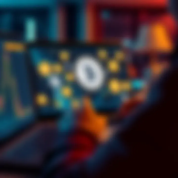 A person using a laptop with cryptocurrency symbols on the screen, indicating anonymous crypto purchase options.