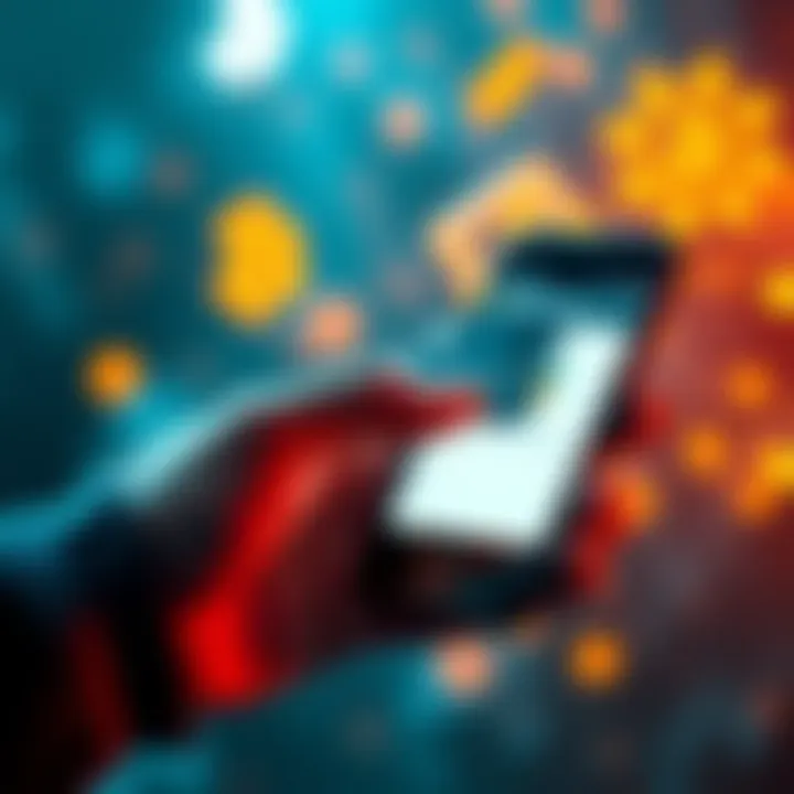 A person using a debit card to buy cryptocurrency on a smartphone, with digital currency symbols in the background.