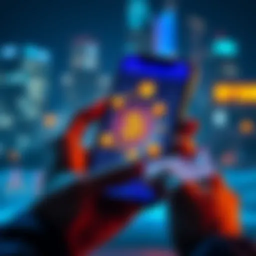 A person holding a smartphone displaying cryptocurrency icons with a credit card beside them