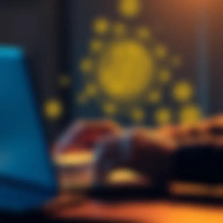 A person making a small purchase of cryptocurrency like ETH or Monero without KYC verification, using a laptop and a digital wallet, with currency symbols in the background.