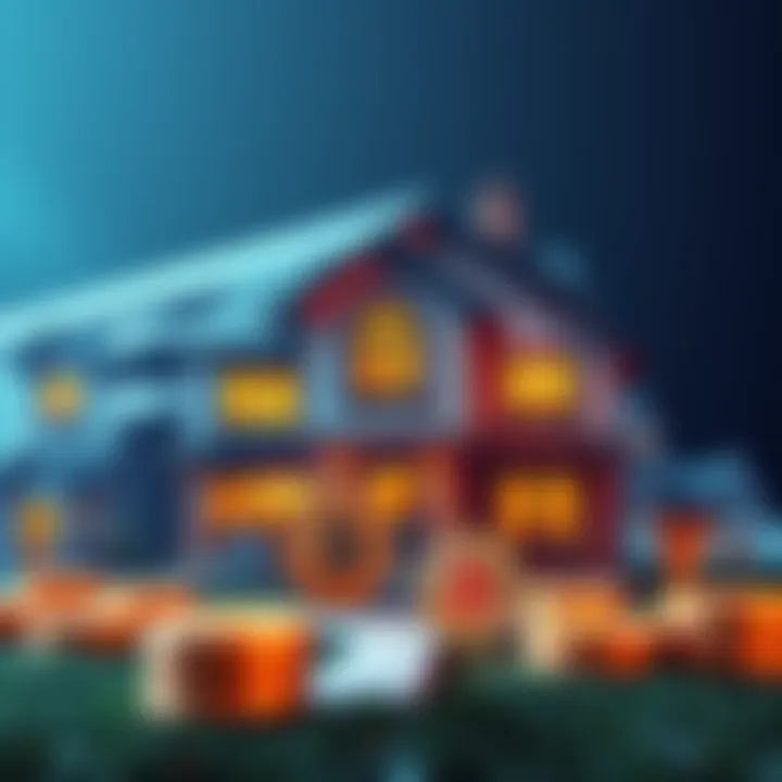 Illustration of a house with Bitcoin coins in front, symbolizing real estate purchase using cryptocurrency.