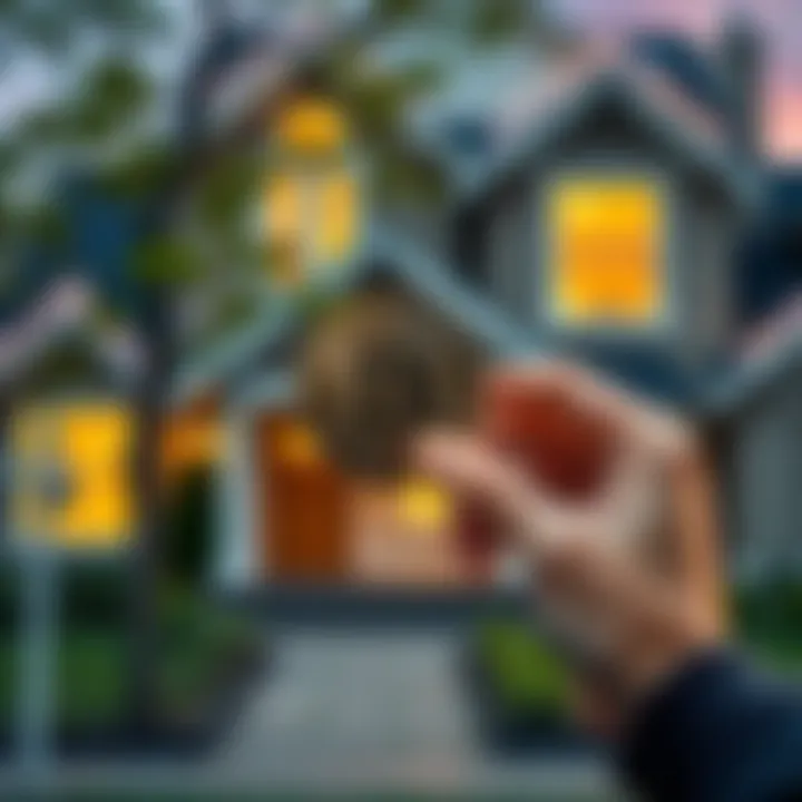 A person holding a Bitcoin in front of a house for sale, symbolizing the purchase of property using cryptocurrency.