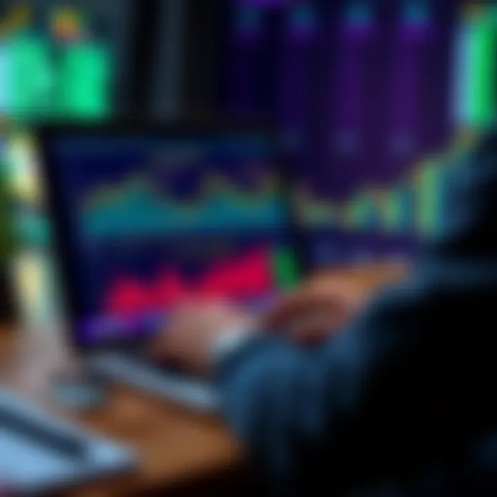 A person using a laptop to calculate cryptocurrency transaction details with charts and wallet icons displayed on the screen.