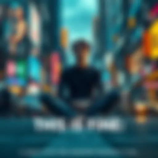 A person sitting cross-legged with a serene expression, surrounded by a busy city scene, showcasing resilience and calmness in adversity.