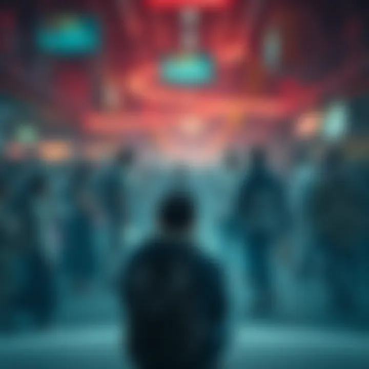 A serene person sitting quietly in a crowded, chaotic environment, highlighting the contrast between calmness and panic.