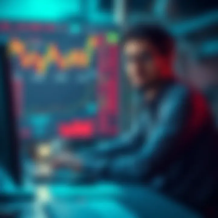 An investor sitting calmly at a desk, looking at market charts, showing emotional stability while monitoring Bitcoin prices