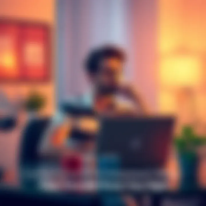 A relaxed person sitting at a desk with a laptop, looking thoughtful about their investment, with a coffee mug and a plant nearby.