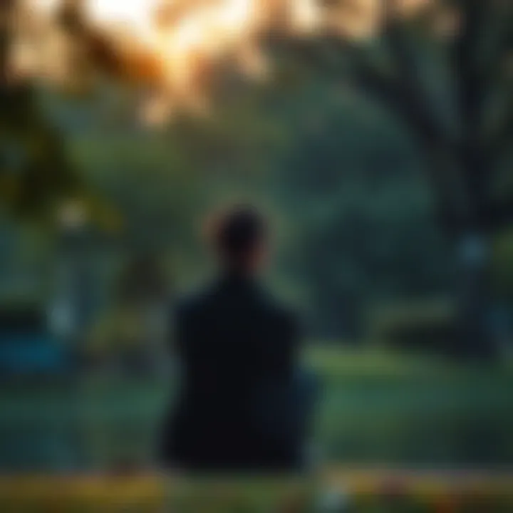 Person staying calm under pressure A person sitting calmly in a park, taking deep breaths and reflecting during a stressful situation.
