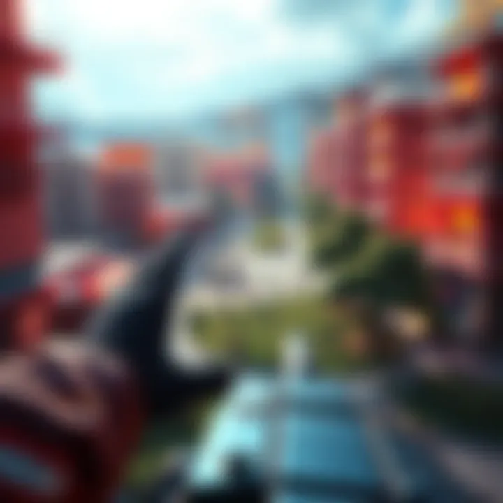 A player using the camera rotation feature in buy land mode to view diagonal corners of land plots.