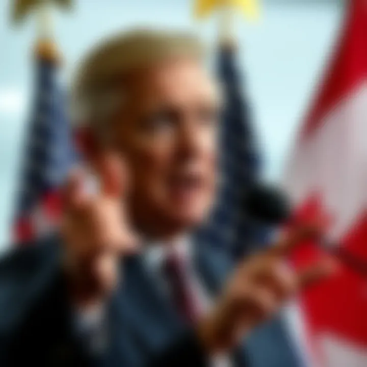 Canada's Finance Minister speaking passionately about trade issues while gesturing, with a backdrop of flags representing Canada and the U.S.