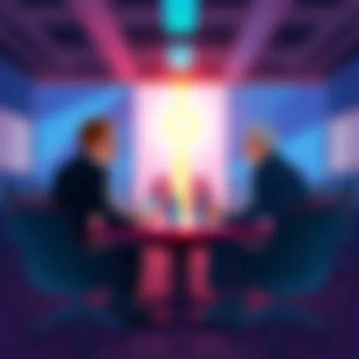 An illustration of political candidates discussing digital assets and cryptocurrency policies in a meeting