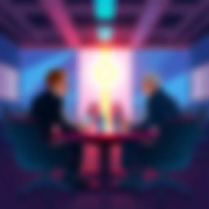 An illustration of political candidates discussing digital assets and cryptocurrency policies in a meeting