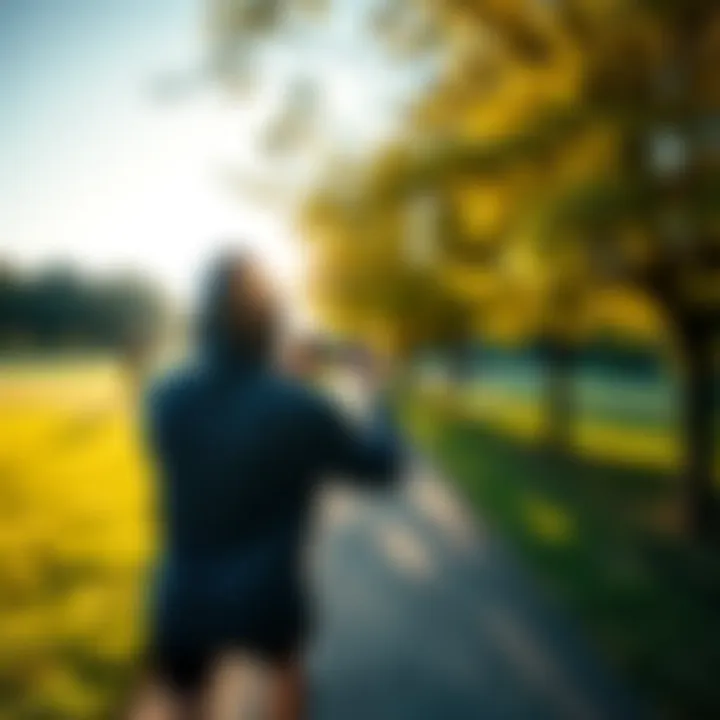 A person taking a photo while jogging in a park during the day
