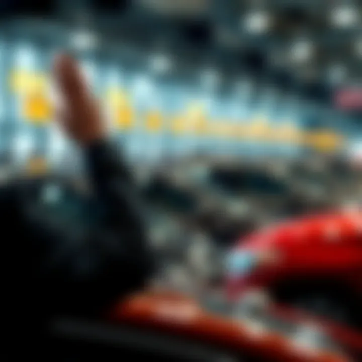 A person placing a bid at a car auction, with a focused expression and raised hand.