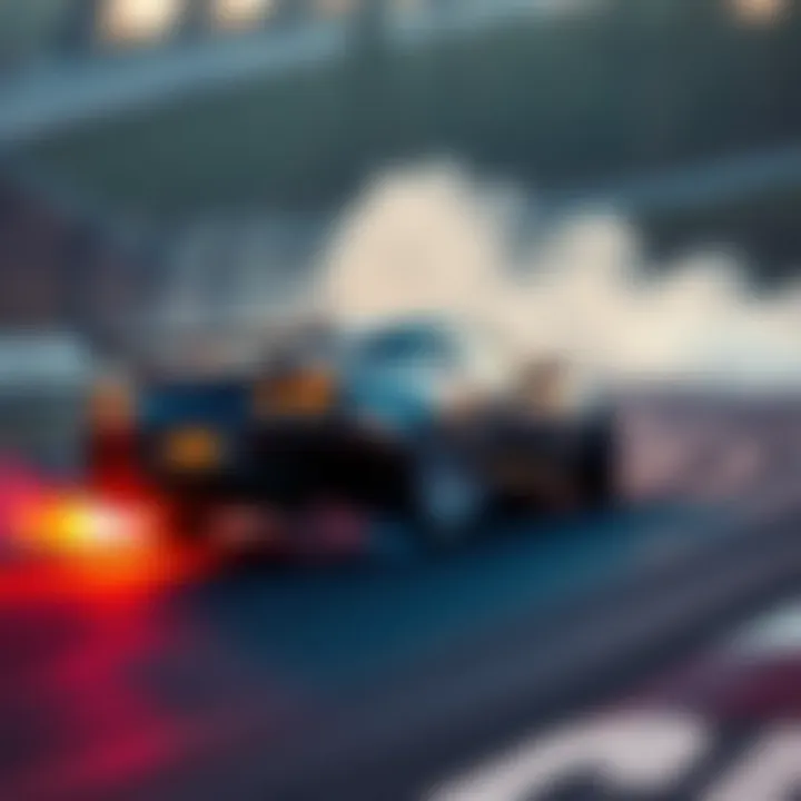 A car skillfully drifting on a winding track with smoke coming from its tires
