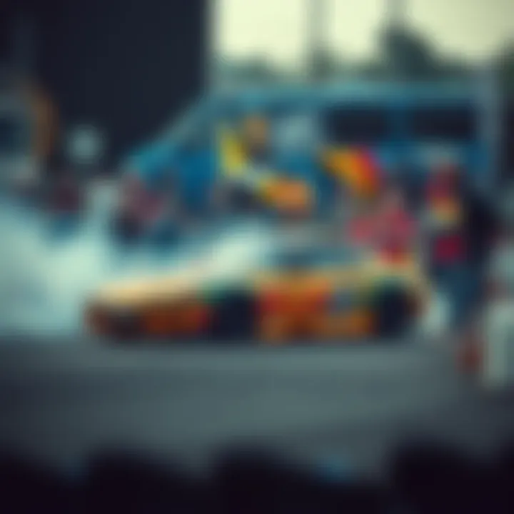 A car drifting on the track surrounded by enthusiastic fans at a car meet