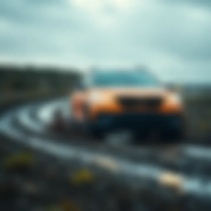 A sturdy car maneuvering carefully over a rough, muddy terrain in rainy weather