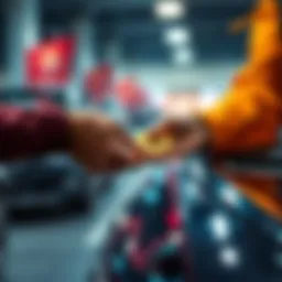 A person handing over Bitcoin for a car purchase, showing a handshake agreement between the seller and buyer.