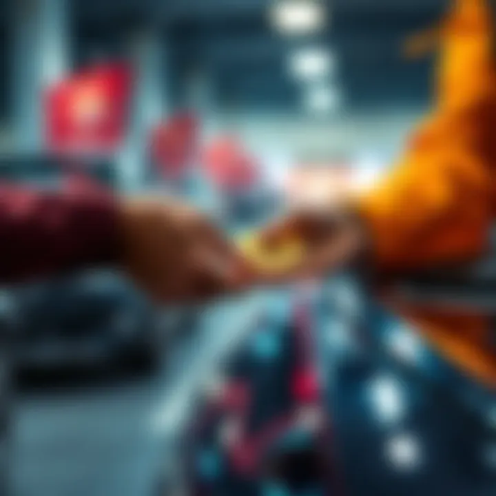 A person handing over Bitcoin for a car purchase, showing a handshake agreement between the seller and buyer.