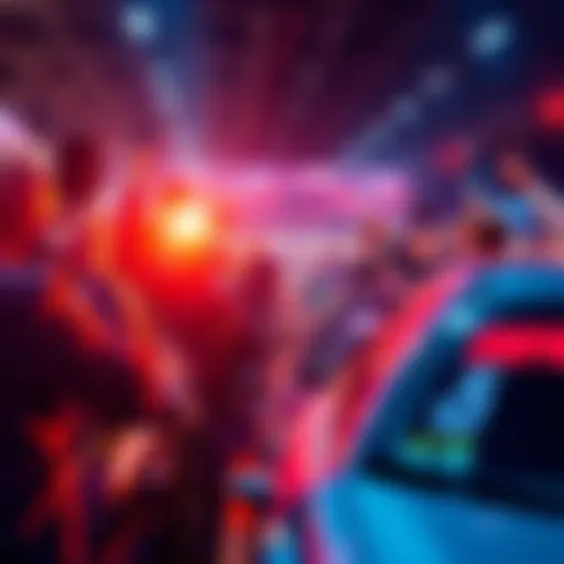 A crowded car auction with bidders raising paddles, while some cars display unpaid labels, indicating issues with bids