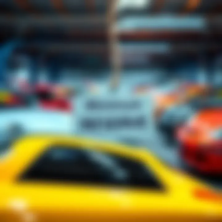 A selection of cars at an auction with a visible minimum reserve price tag