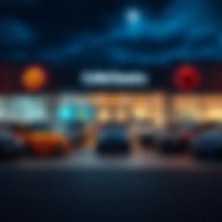 Front view of a car dealership with various vehicles for sale and an inviting entrance