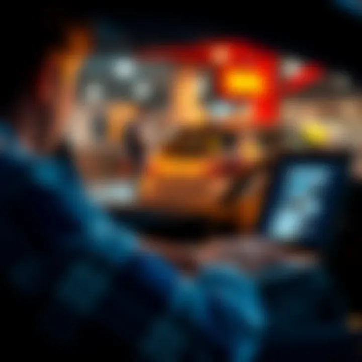 A seller examines their car, considering it for sale on BAT, while a laptop displays the website.