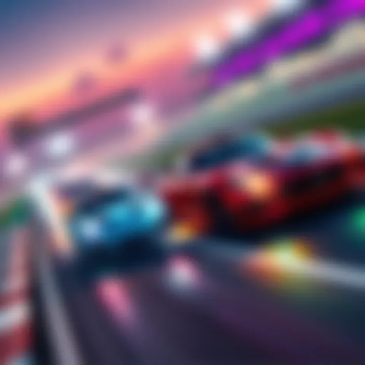 A dynamic scene showing cars racing on a track with vibrant colors and speed effects