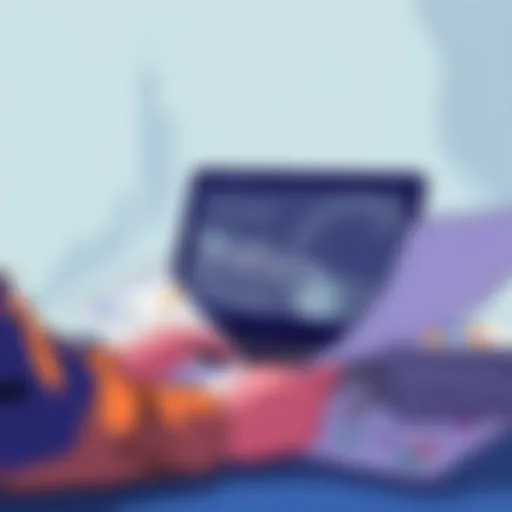 Illustration of a person comparing card issuers with a laptop and financial documents.