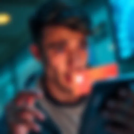 A person looking at their phone with a concerned expression, showing potential unauthorized transactions, with a blurred image of a payment card in the background.