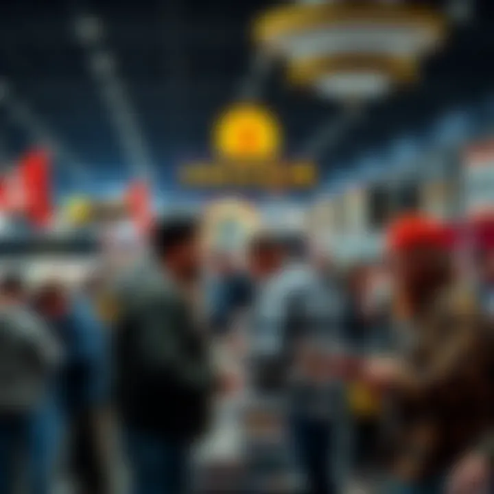 Traders discussing card sales and accepting Bitcoin at a bustling Anaheim card show.