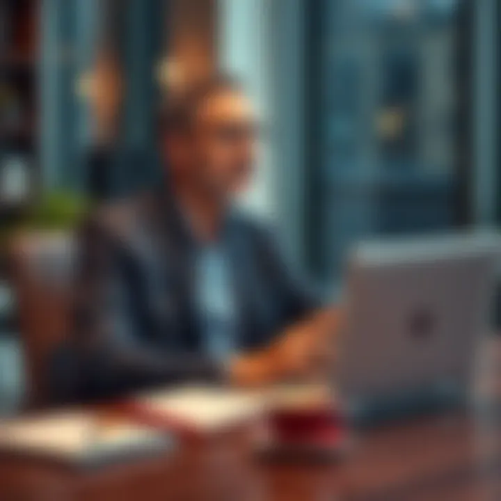 Professional contemplating career change A middle-aged person sitting at a desk, looking thoughtfully at a laptop with a notebook and coffee cup nearby, symbolizing a career transition.