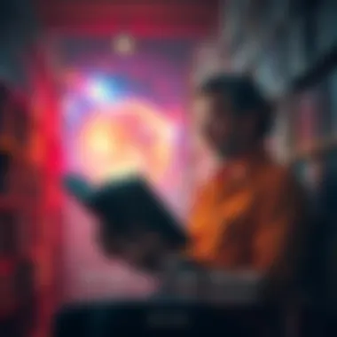 A person reading Carl Sagan's book Cosmos in a cozy library setting, surrounded by shelves of books.