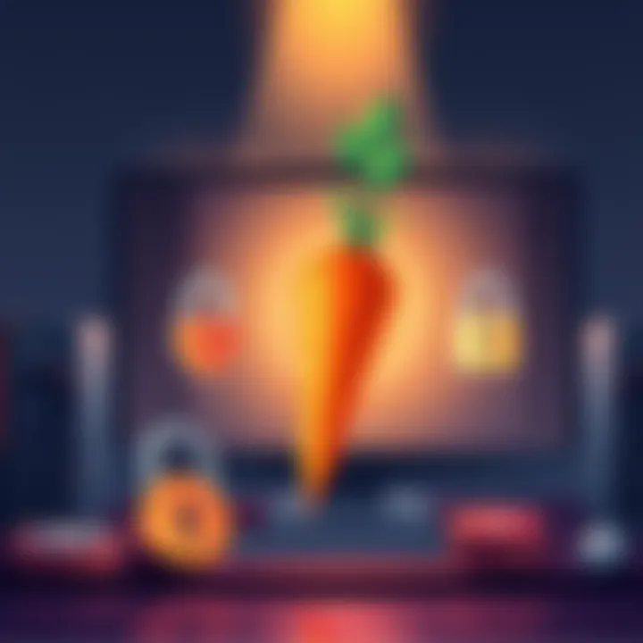 An illustration showing a computer screen displaying Monero's new Carrot update with secure locks symbolizing enhanced privacy features and outgoing view keys.