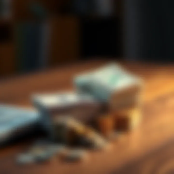 A stack of cash and coins on a wooden table, symbolizing quick money solutions