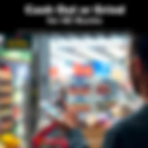 Person deciding between cashing out $6 for AE bucks or continuing to earn points through matches, with a local store background